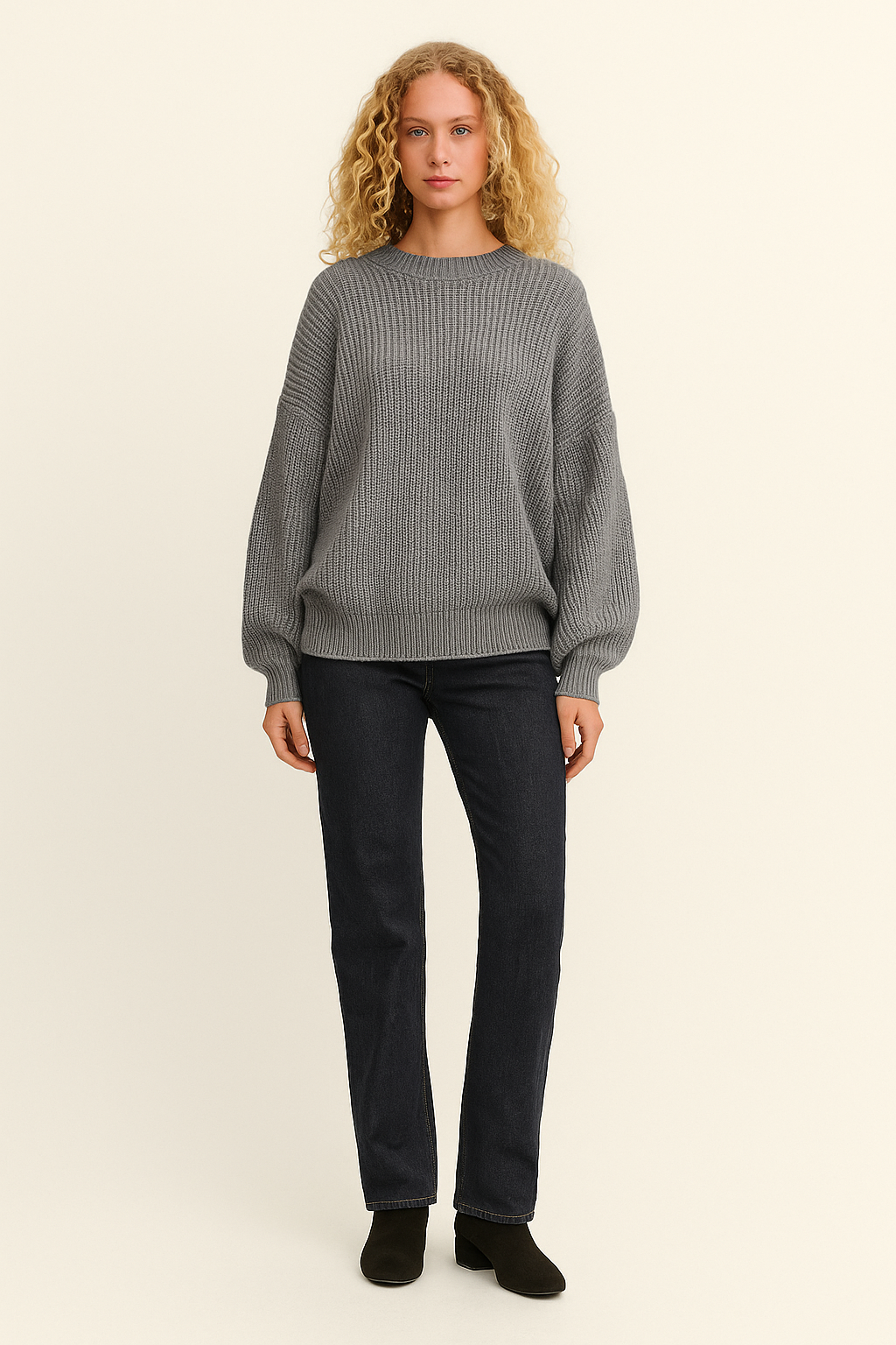 Oversized Balloon Sleeve Sweater – Ribbed Knit – Crew Neck