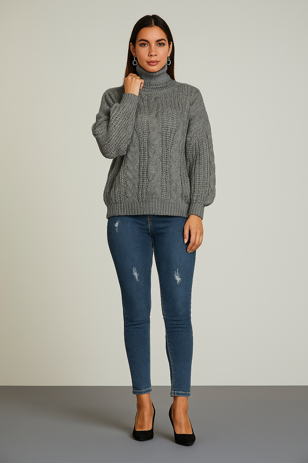 Oversized Turtleneck Sweater – Chunky Cable Knit – Drop Shoulder – Relaxed Fit