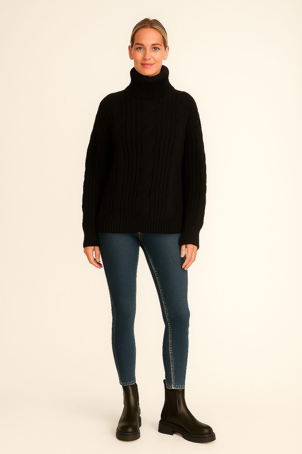 Oversized Turtleneck Sweater – Chunky Cable Knit – Drop Shoulder – Relaxed Fit