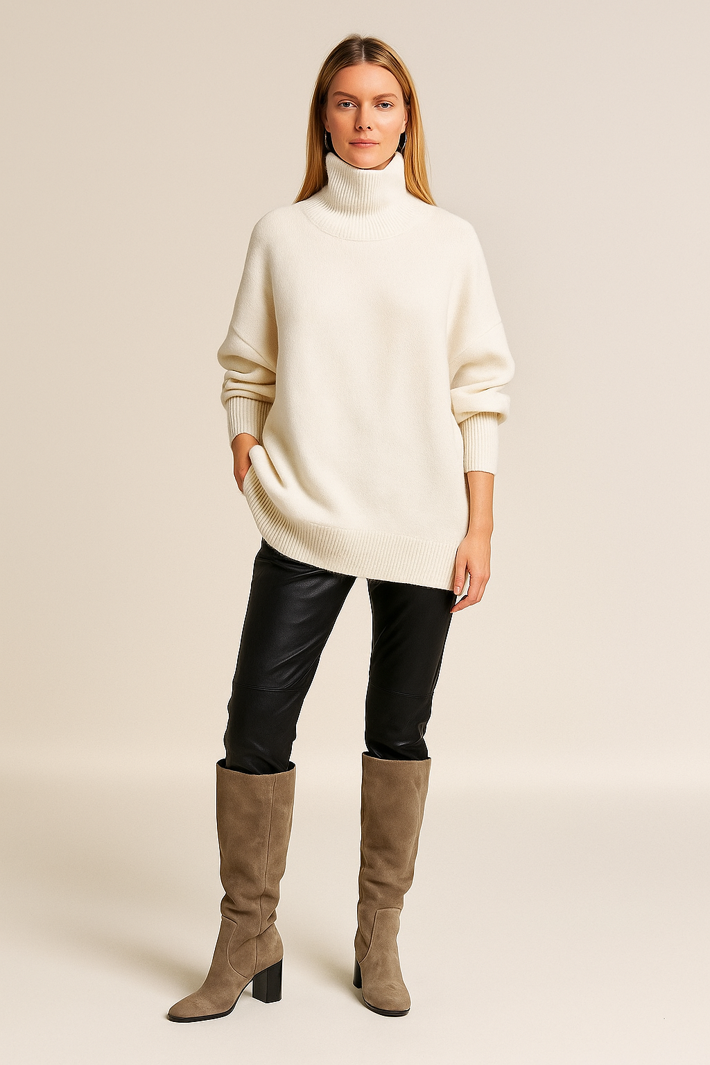 Oversized Turtleneck Sweater – Elbow Slit – Ribbed Knit – Relaxed Fit