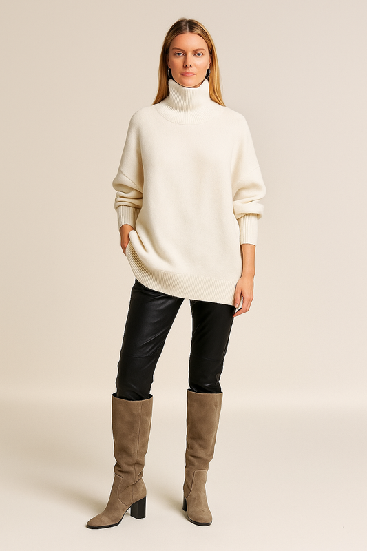 Oversized Turtleneck Sweater – Elbow Slit – Ribbed Knit – Relaxed Fit