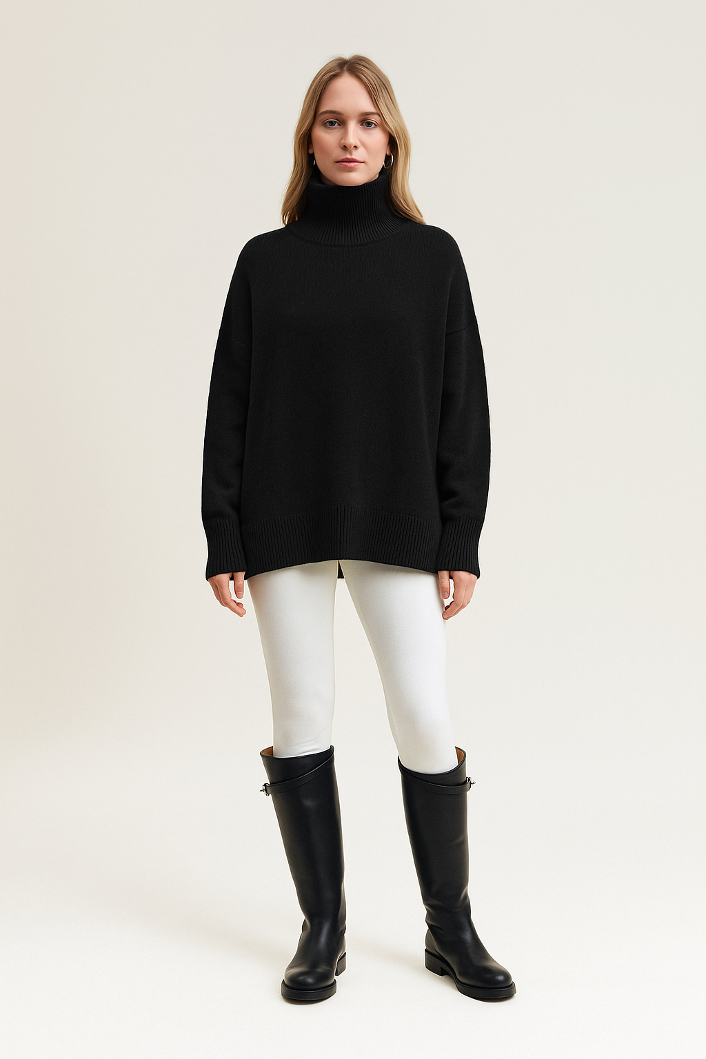 Oversized Turtleneck Sweater – Elbow Slit – Ribbed Knit – Relaxed Fit