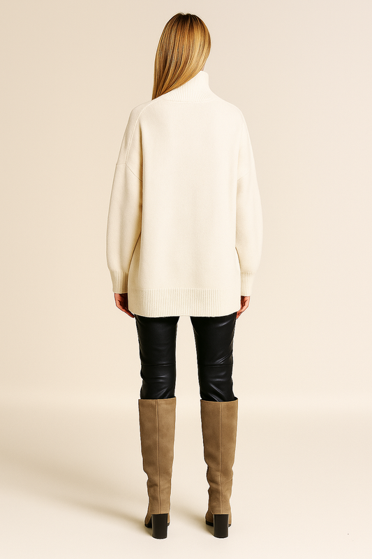 Oversized Turtleneck Sweater – Elbow Slit – Ribbed Knit – Relaxed Fit