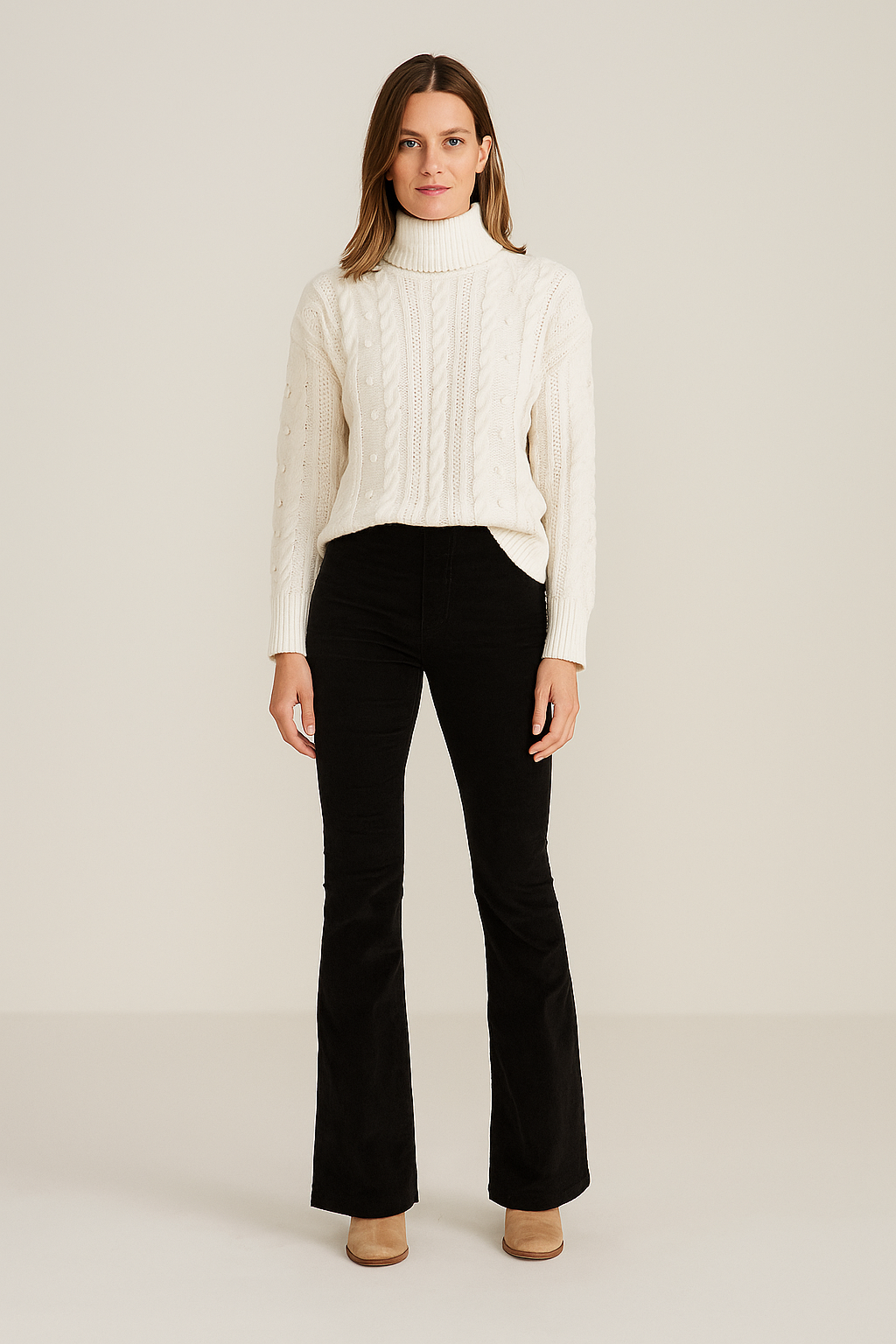 Trousers High Waist Cotton Blend Flared Style
