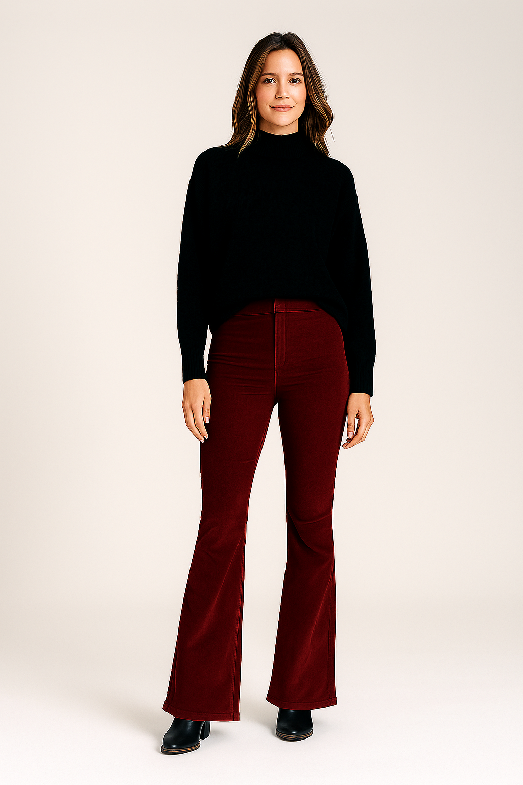 Trousers – High Waist – Cotton Blend – Flared Legs – Everyday Elegance