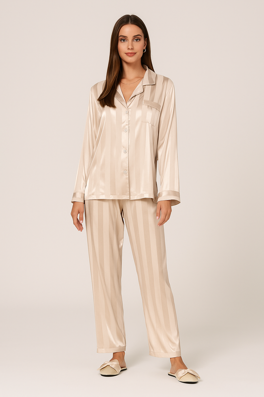 Pyjama Set – Satin Look – Striped – Button-Up – Long Sleeve