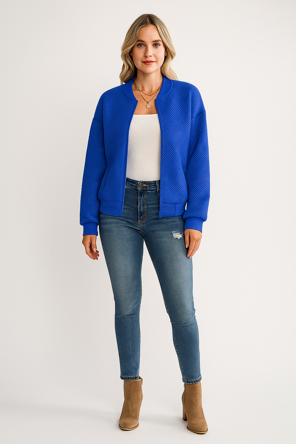 Cardigan – Zip Up – Textured Knit – Ribbed Trim – Relaxed Fit
