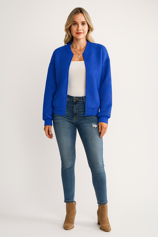 Cardigan – Zip Up – Textured Knit – Ribbed Trim – Relaxed Fit