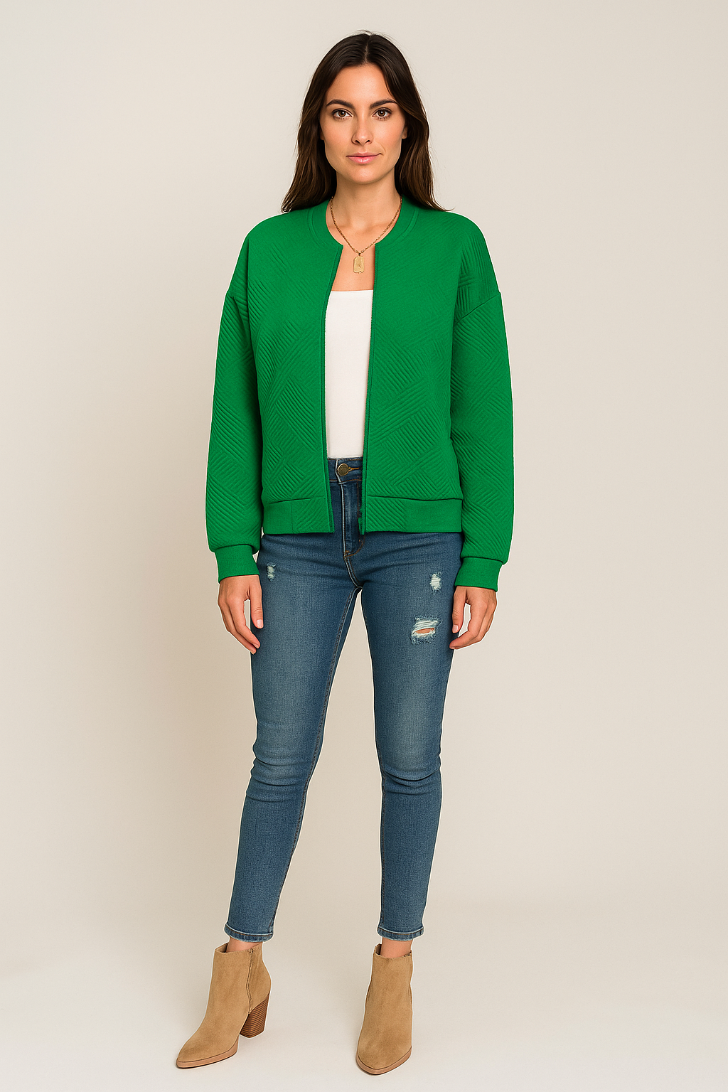 Cardigan Zip Up Textured Knit Ribbed Trim