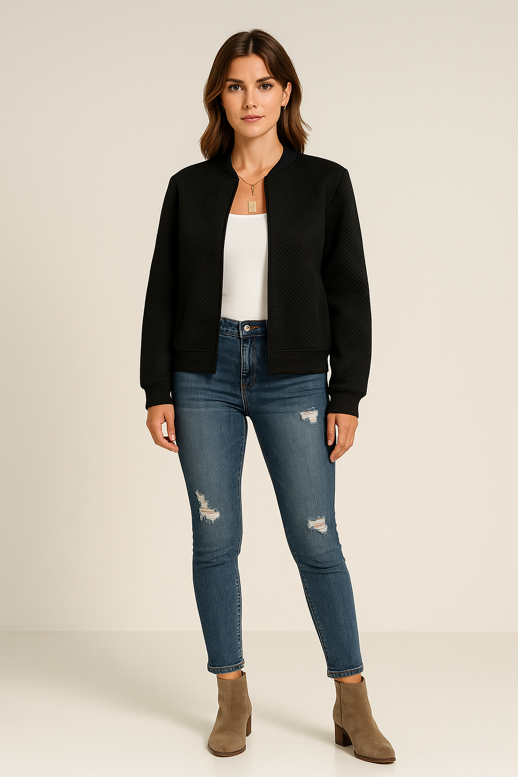 Cardigan Zip Up Textured Knit Ribbed Trim
