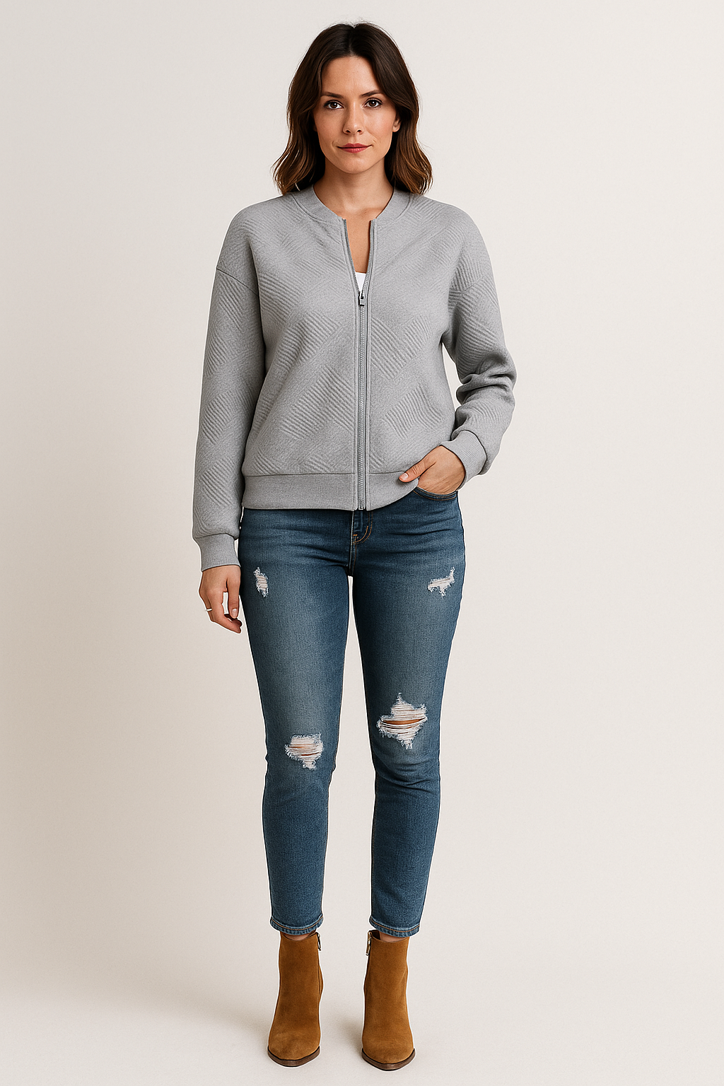 Cardigan – Zip Up – Textured Knit – Ribbed Trim – Relaxed Fit