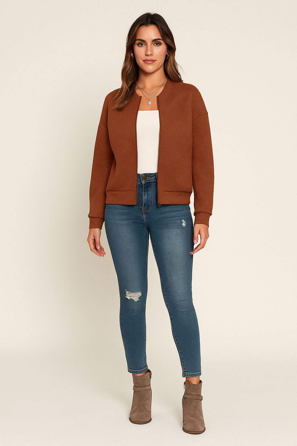 Cardigan – Zip Up – Textured Knit – Ribbed Trim – Relaxed Fit