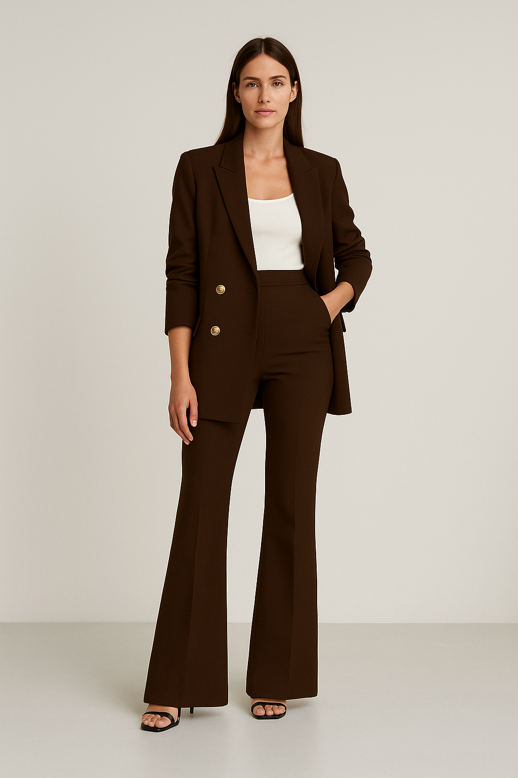 Women’s Double Breasted Suit Gold Button Blazer Flared Pants