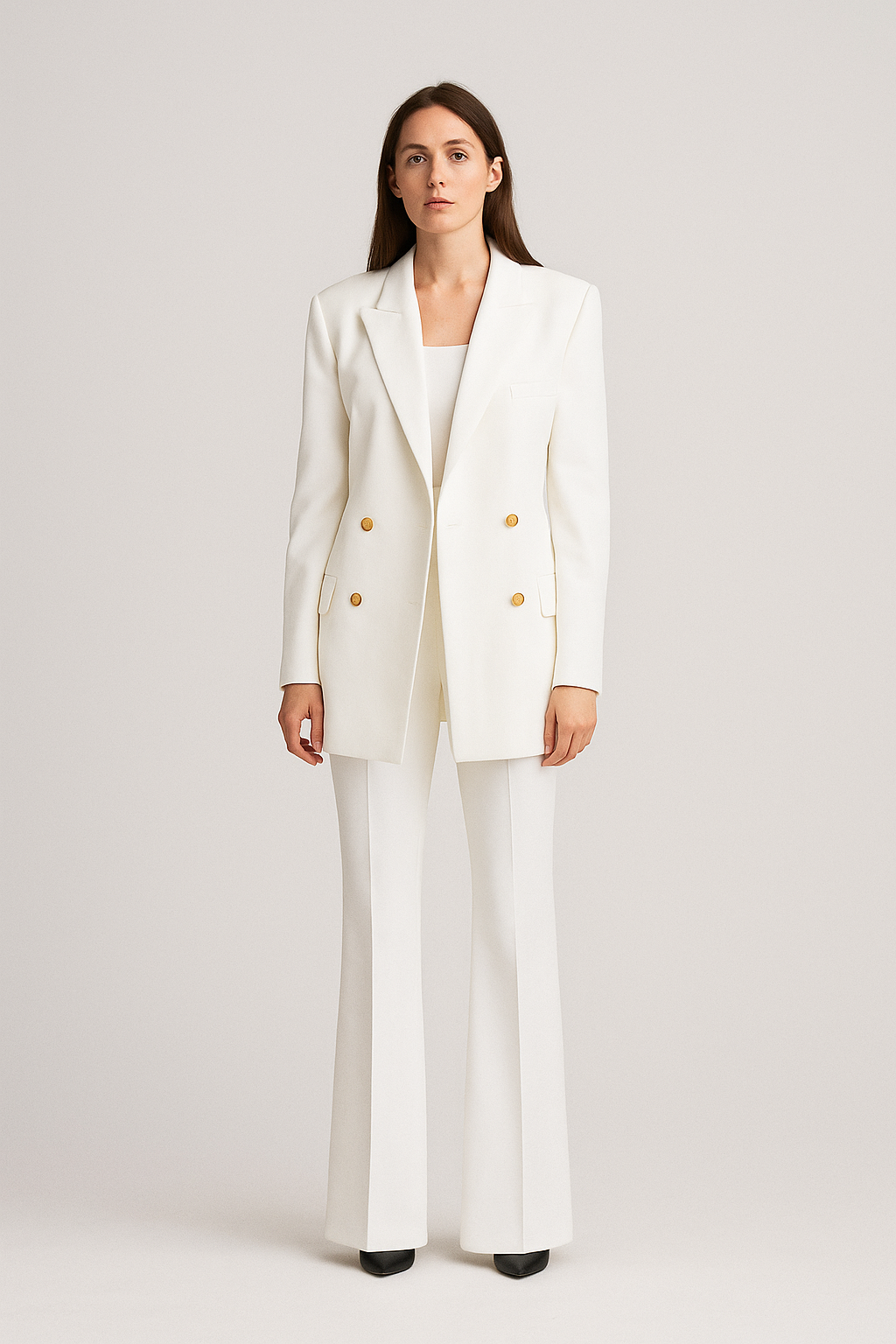 Women’s Double Breasted Suit Gold Button Blazer Flared Pants