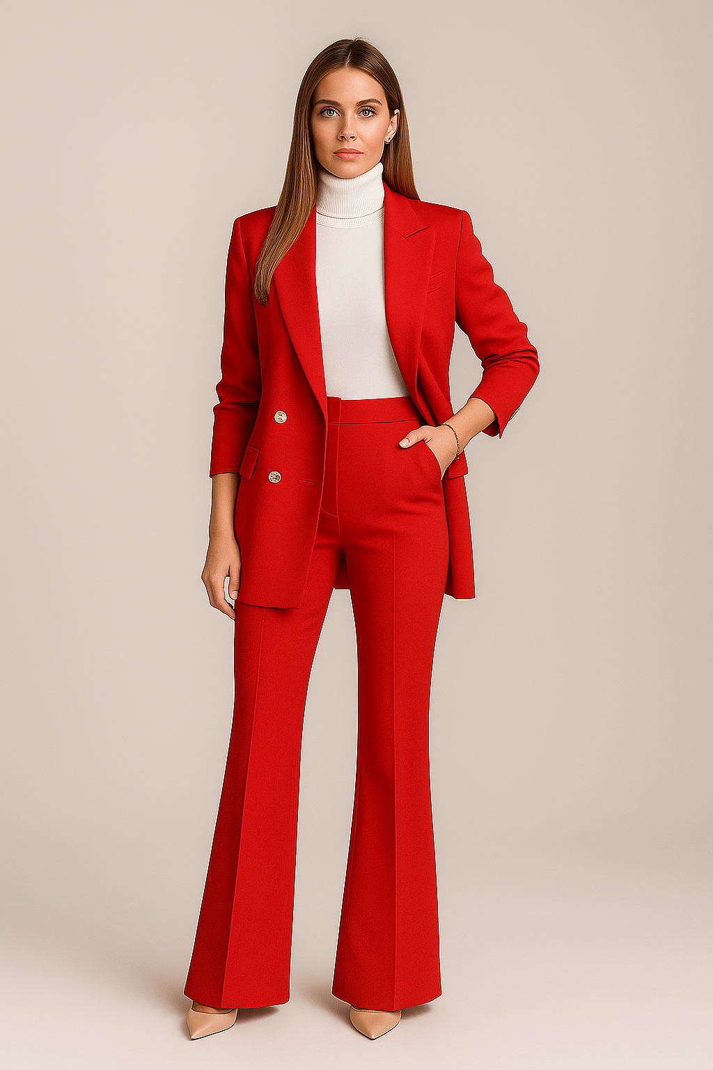 Women’s Double Breasted Suit Gold Button Blazer Flared Pants