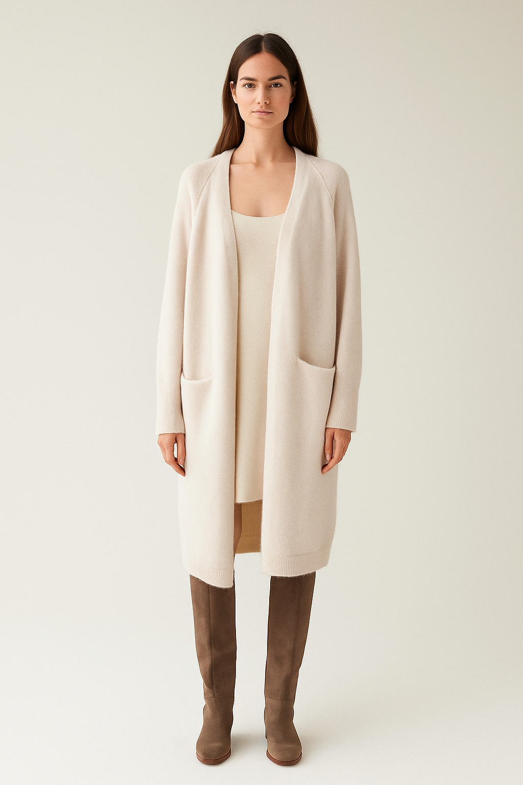 Women’s Long Open Front Cardigan – Knee-Length Duster with Pockets – Soft Knit Layer