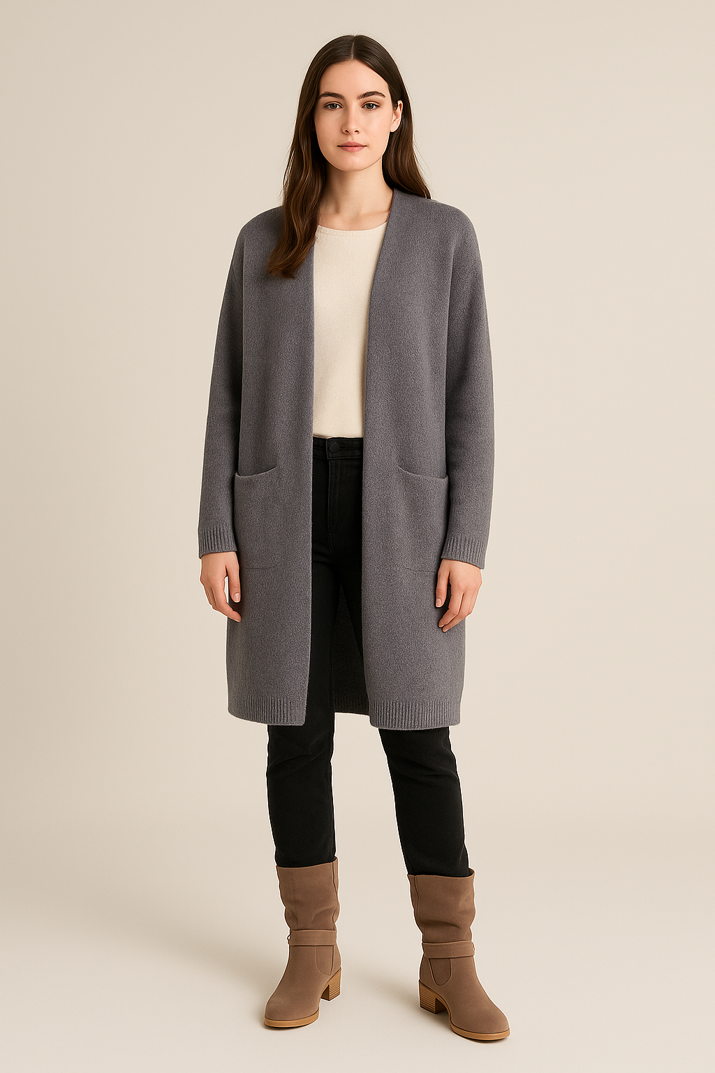 Women’s Long Open Front Cardigan – Knee-Length Duster with Pockets – Soft Knit Layer