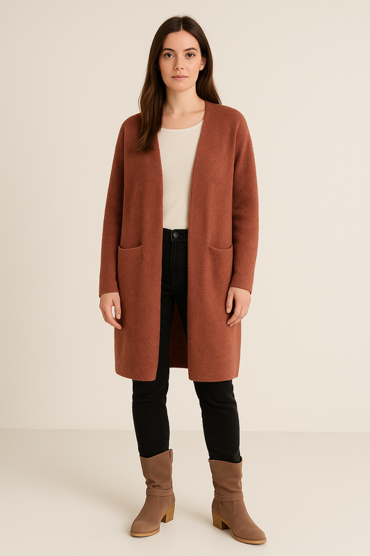 Women’s Long Open Front Cardigan – Knee-Length Duster with Pockets – Soft Knit Layer