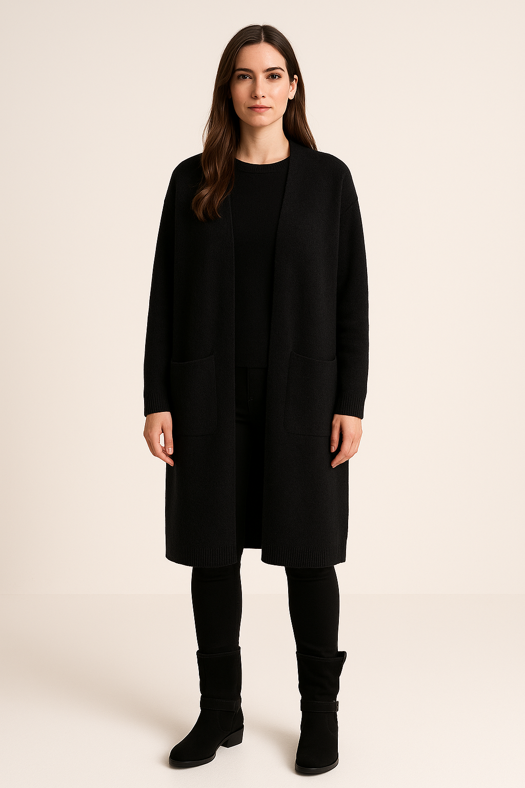 Women’s Long Open Front Cardigan – Knee-Length Duster with Pockets – Soft Knit Layer