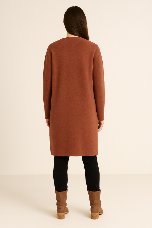 Women’s Long Open Front Cardigan – Knee-Length Duster with Pockets – Soft Knit Layer