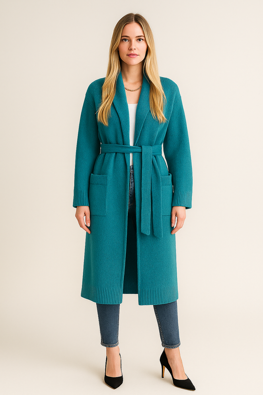 Long Knitted Cardigan – Belted Robe – Lapel Collar – Regular Fit