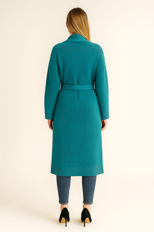 Long Knitted Cardigan – Belted Robe – Lapel Collar – Regular Fit