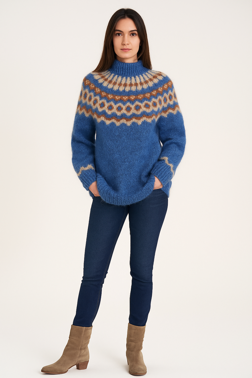 Knit Sweater Women Relaxed Fit Crew Neck Ribbed Trim