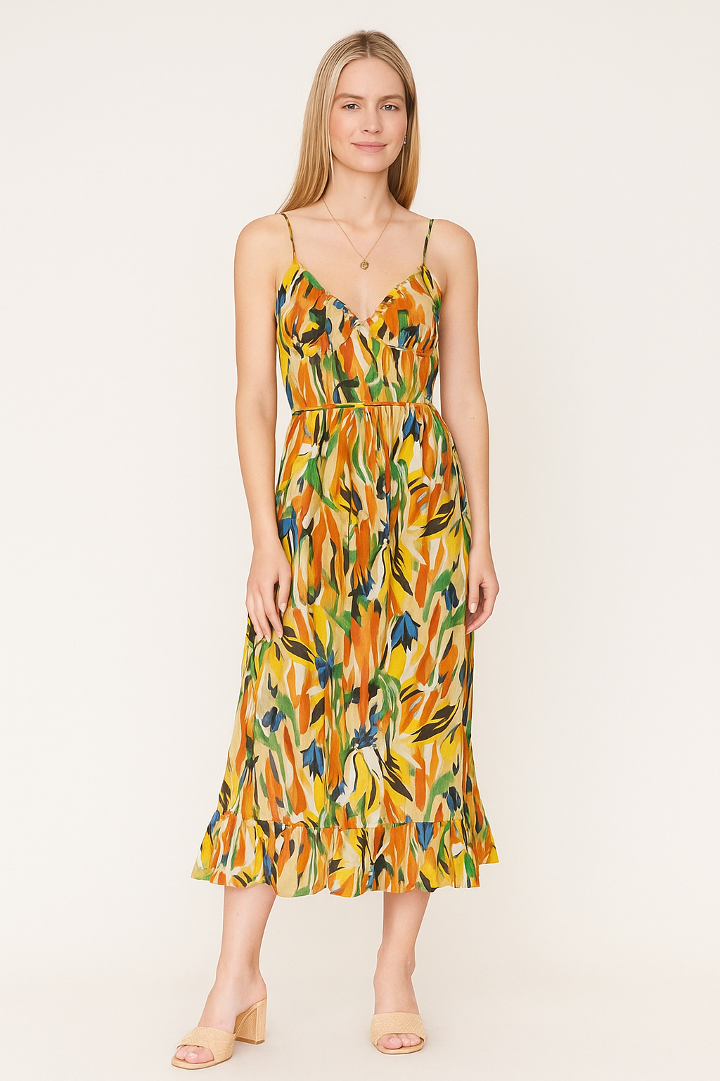 Printed Midi Cami Dress – Sleeveless, V-Neck, Lightweight Woven Fabric