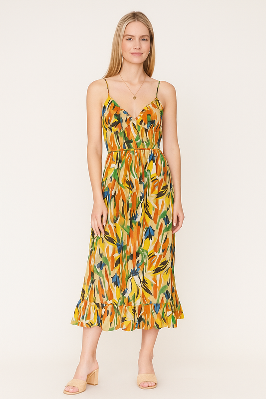 Printed Midi Cami Dress – Sleeveless, V-Neck, Lightweight Woven Fabric