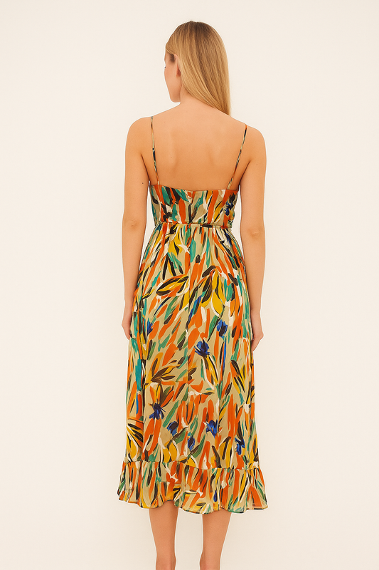 Printed Midi Cami Dress – Sleeveless, V-Neck, Lightweight Woven Fabric