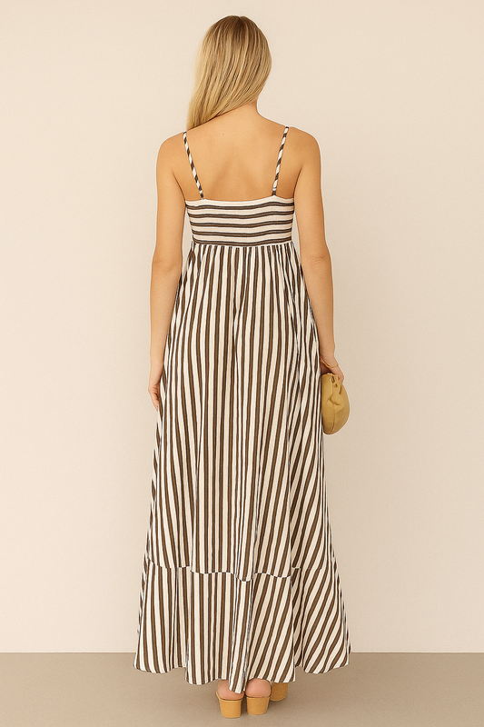 Striped Pleated Maxi Cami Dress – Sleeveless, Lightweight, Non-Stretch