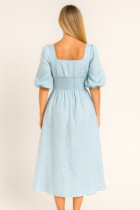 V-Neck Short Sleeve Midi Dress in Linen-Cotton Blend with Waist Tie