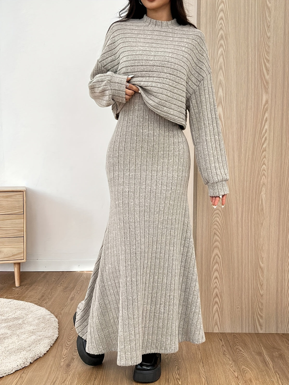 Women's Ribbed Knit Crop Top and Maxi Skirt Set