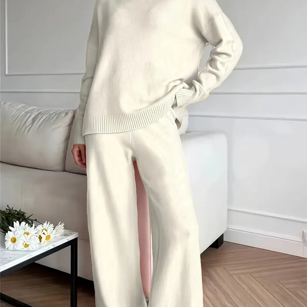 Women's Turtleneck Knit Jumper and Wide-Leg Trousers Set