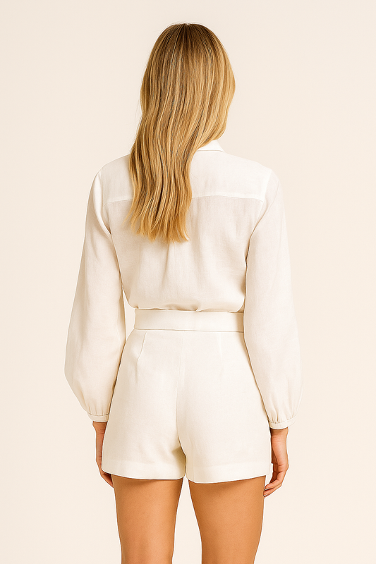Contrast Trim Cotton-Linen Shorts Set
