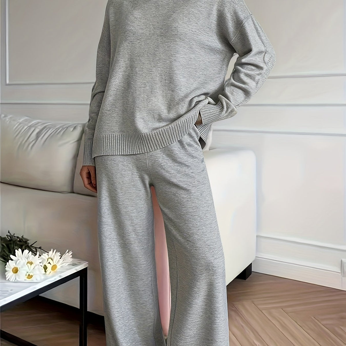 Women's Turtleneck Knit Jumper and Wide-Leg Trousers Set