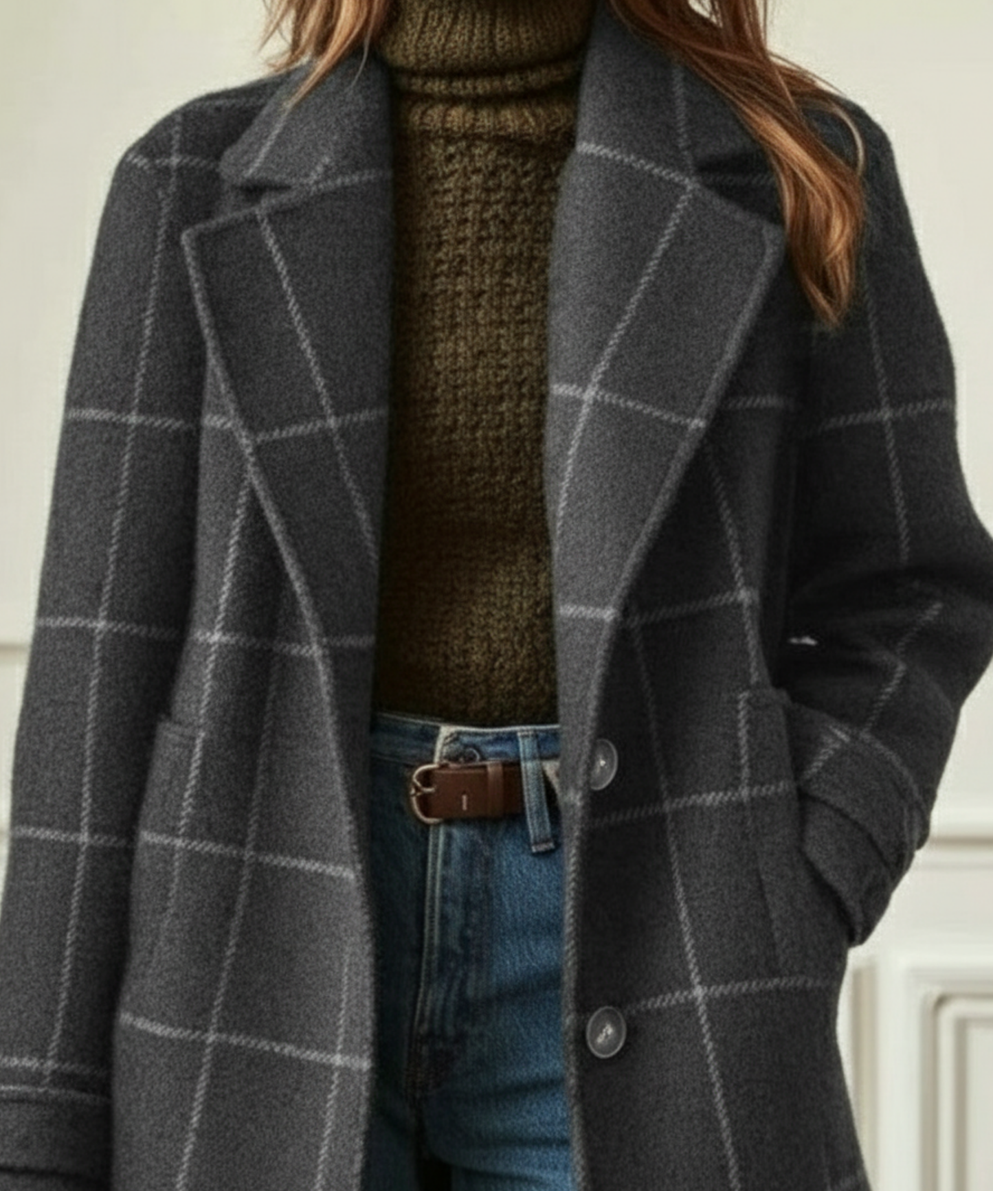 Women's Check Lapel Collar Coat