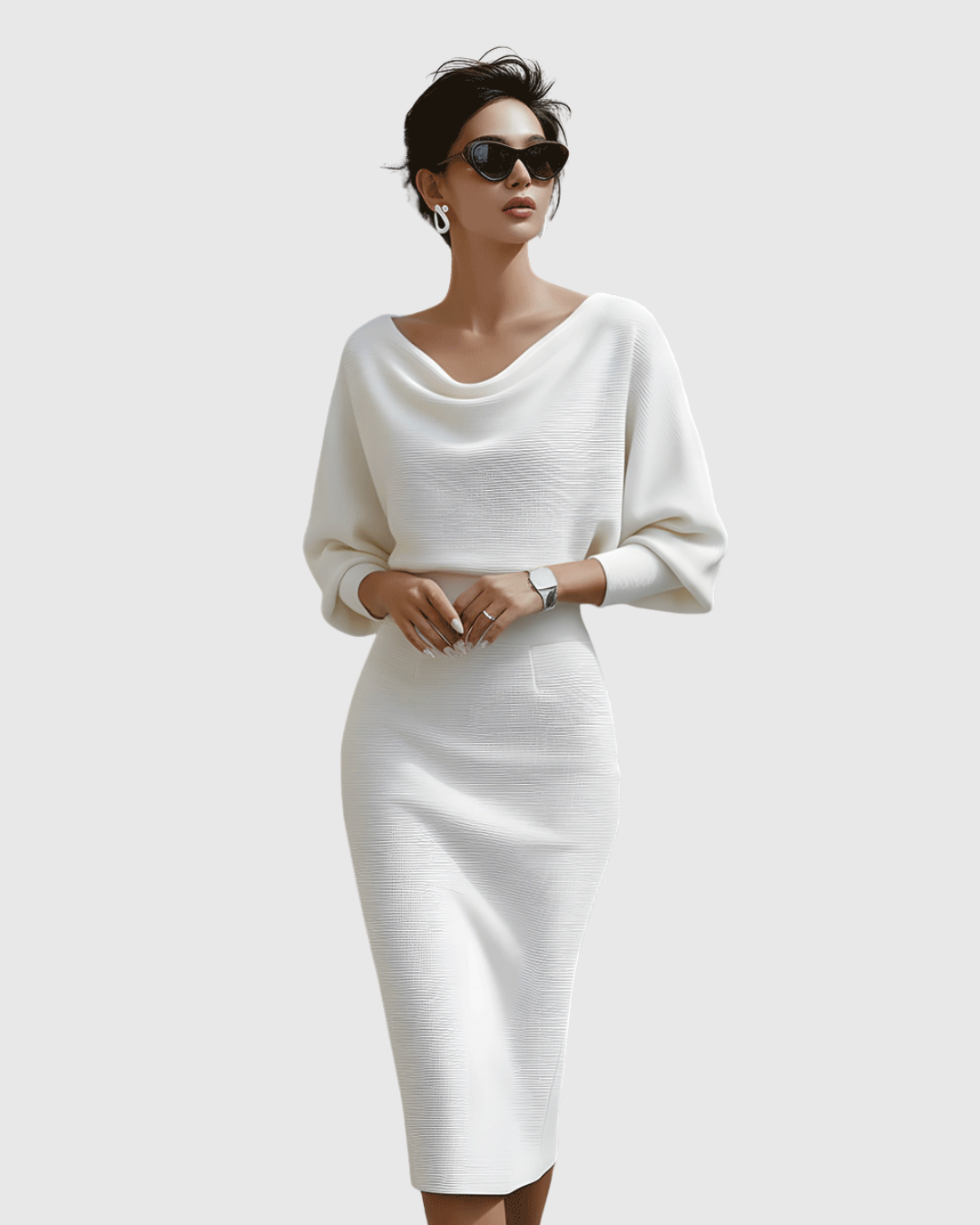 Draped Batwing Midi Dress With Cowl Neckline