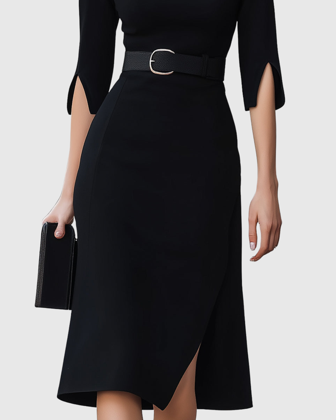 Belted Midi Dress With High Neckline