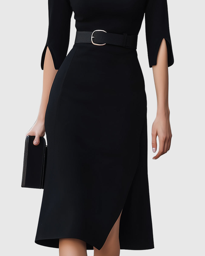 Belted Midi Dress With High Neckline