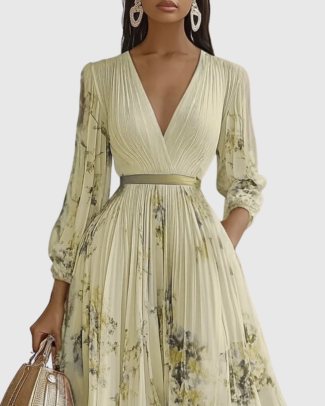 V Neck Pleated Maxi Dress With Ribbon Tie Waist