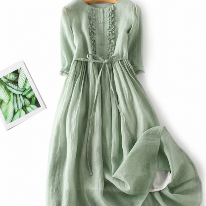 Round Neck Broderie Tie Waist Midi Dress
