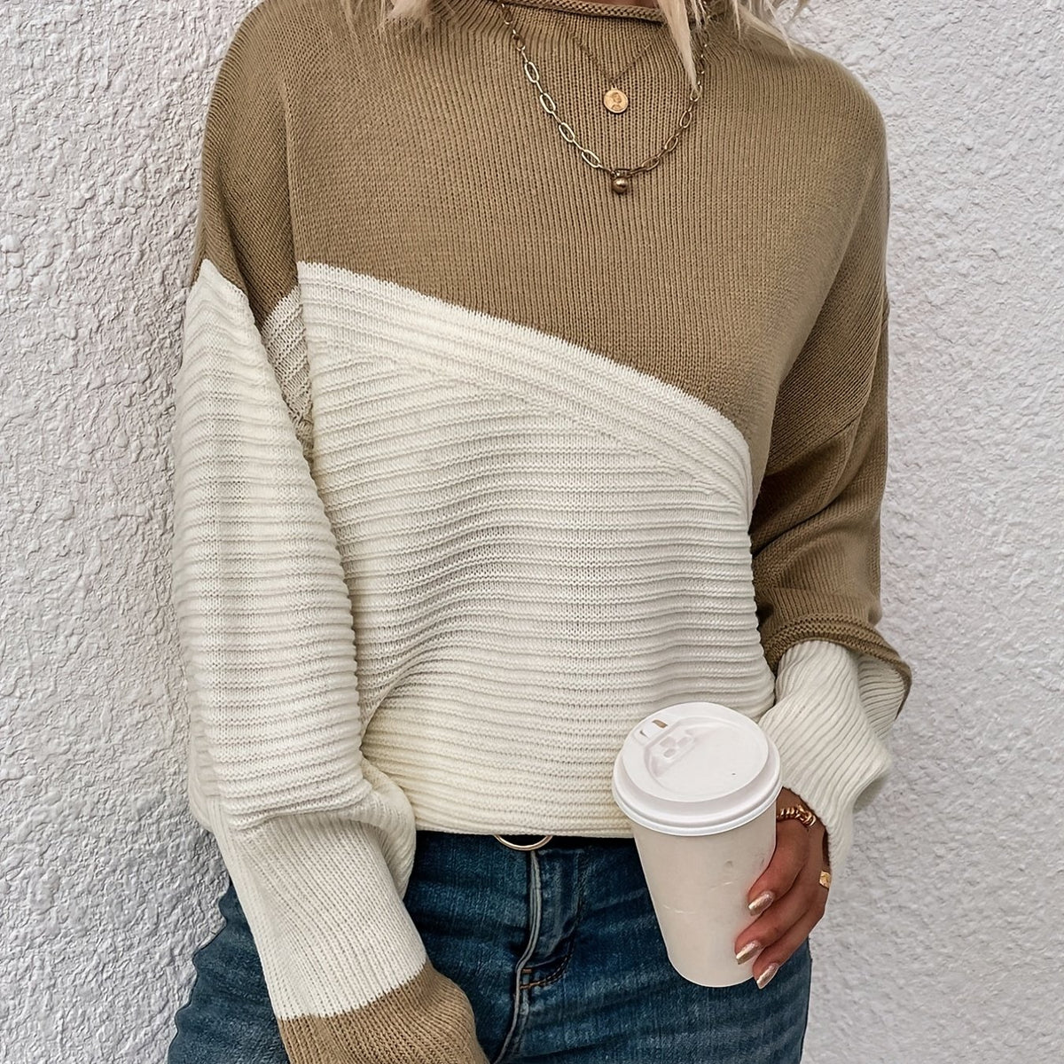 Women's Colour Block Turtleneck Knit Jumper