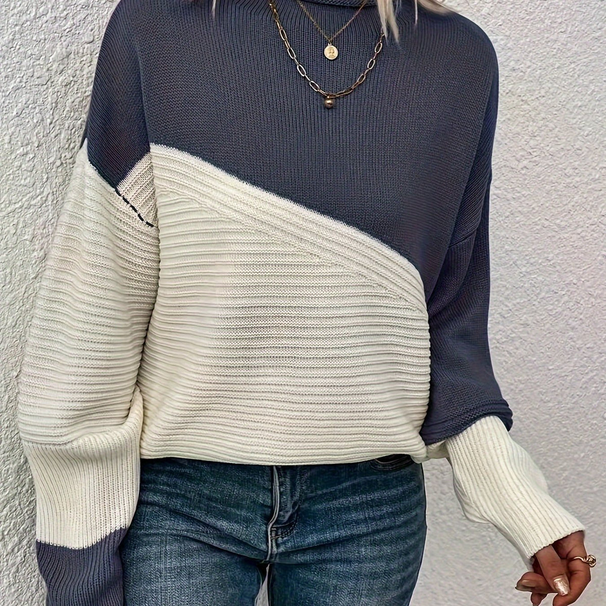 Women's Colour Block Turtleneck Knit Jumper