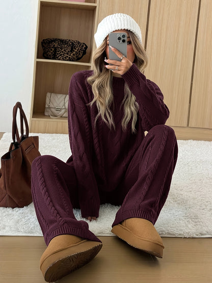 Women's Fluffy Knit Jumper and Wide-Leg Trousers Set