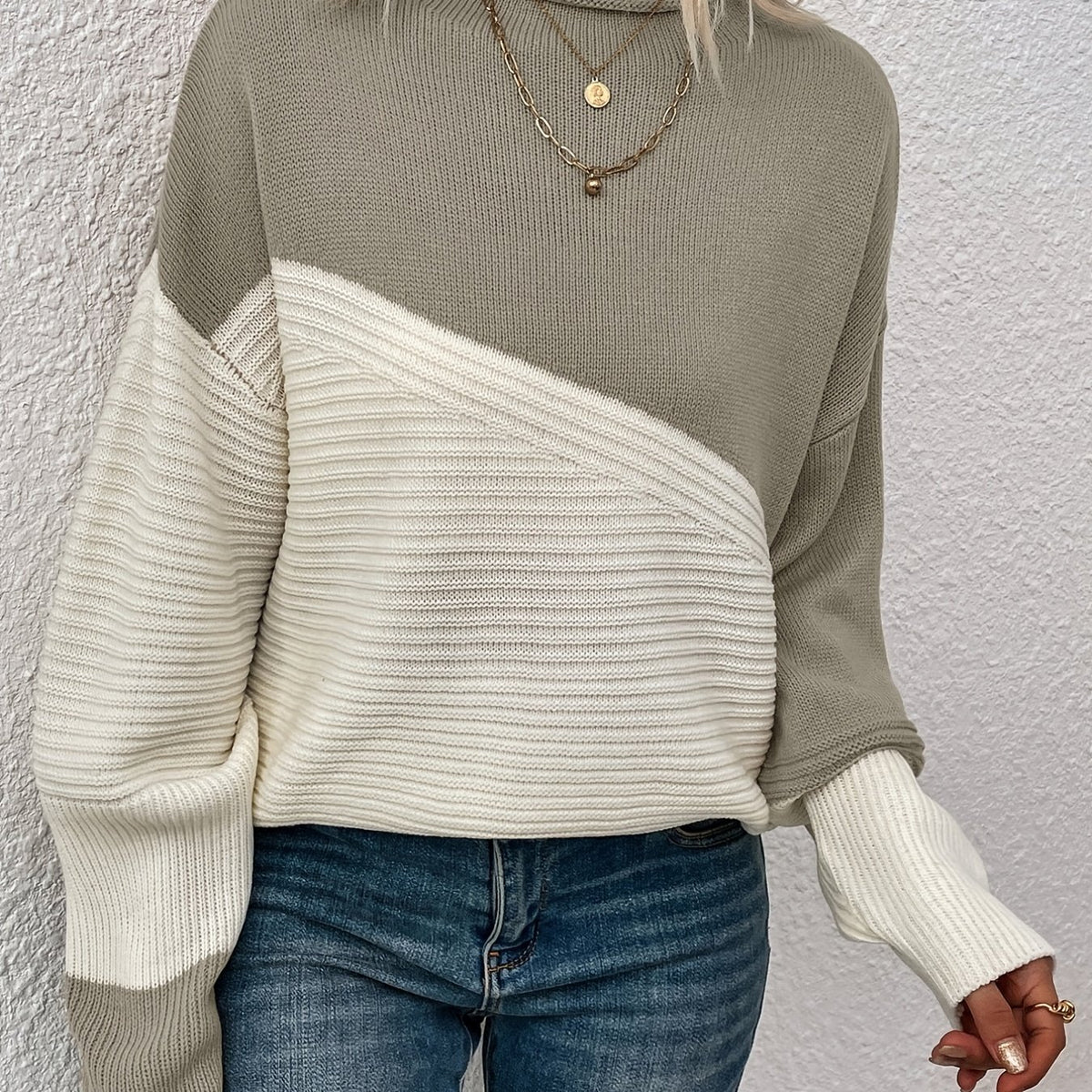 Women's Colour Block Turtleneck Knit Jumper