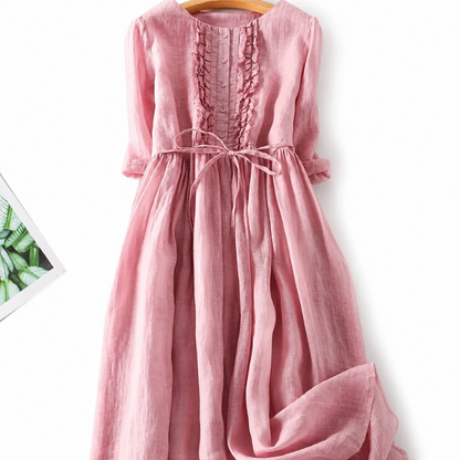 Round Neck Broderie Tie Waist Midi Dress