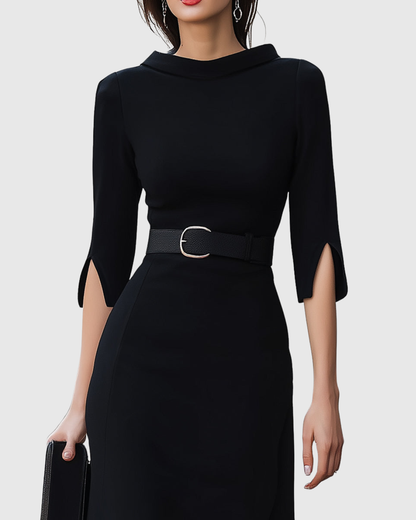 Belted Midi Dress With High Neckline