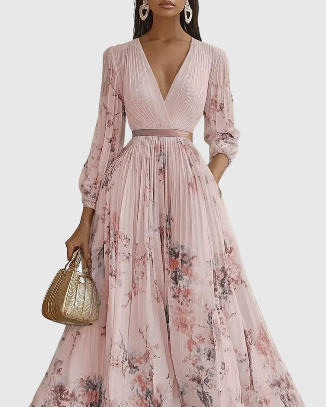 V Neck Pleated Maxi Dress With Ribbon Tie Waist