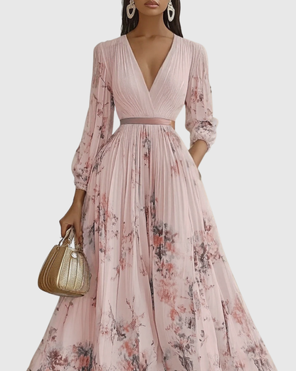 V Neck Pleated Maxi Dress With Ribbon Tie Waist